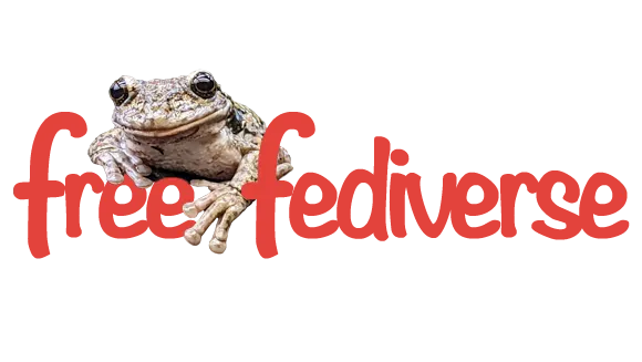 Graphic of the Free Fediverse logo. The words "Free Fediverse" in a red font with a handwritten look. A friendly frog hangs out and smiles on top of the word "Free"