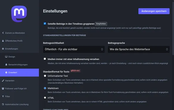 Screenshot: Mastodon-Glitch "Einstellungen > Erweitert > Standardformat für Toots" mit der Markierung "Markdown"