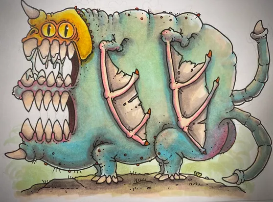 A child’s drawing of a monster with two mouths.