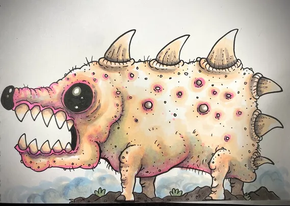 A child’s drawing of a monster which looks like a bald demonic hedgehog.