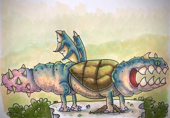 A child’s drawing of a monster with a beetle’s wing cases and a meaty studded tail.