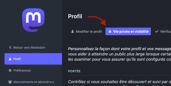 Capture de l'interface d'édition de profil en français, avec l'onglet "Vie privée et visibilité" sélectionné.