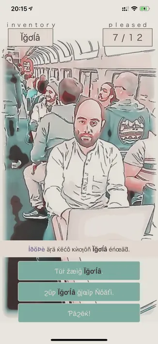 A screenshot of an iPhone app. It shows a man sitting with a laptop in a train car, with a very painterly/hand-drawn style. There are dialog boxes and buttons in a fictional-looking language