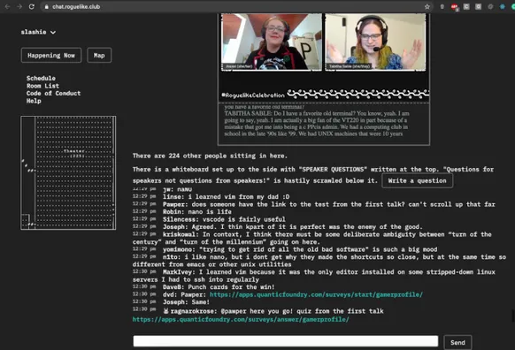 A white-on-black browser-based text space. It looks like a chat room with a map on the left-hand side, as well as a YouTube video stream with live captions under it.