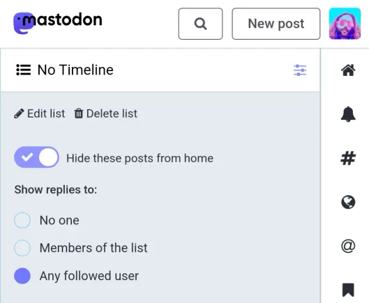 List on Mastodon with "Hide these posts from home" toggled on.