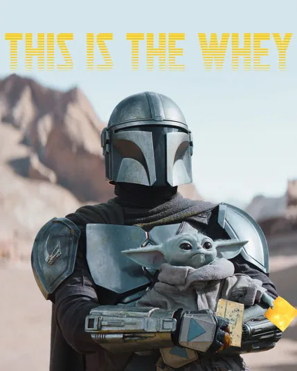 The Mandalorian and Groku, holding cheese slices.

THIS IS THE WHEY