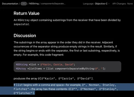 Screenshot of documentation for the method componentsSeparatedByString: (https://developer.apple.com/documentation/foundation/nsstring/1413214-componentsseparatedbystring?language=objc)

The discussion section include a code example:

If list begins with a comma and space—for example, @", Norman, Stanley, Fletcher"—the array has these contents: @[@"", @"Norman", @"Stanley", @"Fletcher"].


Norman Stanley Fletcher was the name of Ronnie Barker’s character in the British sitcom Porridge.

https://en.wikipedia.org/wiki/Porridge_(1974_TV_series)


