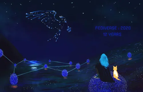 Illustration with constellation of stars forming a Phoenix, and glittering "eggs"-servers interconnected