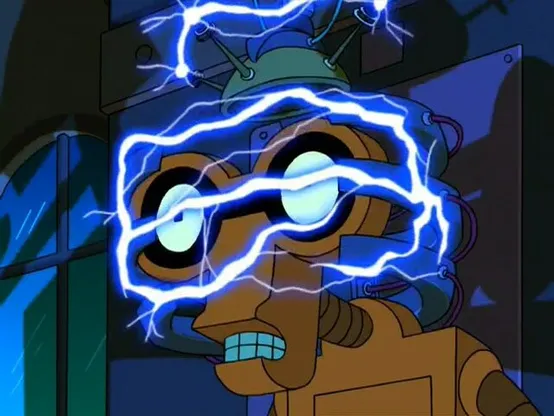 futurama screenshot of a robot getting shocked after a man pulled a lever