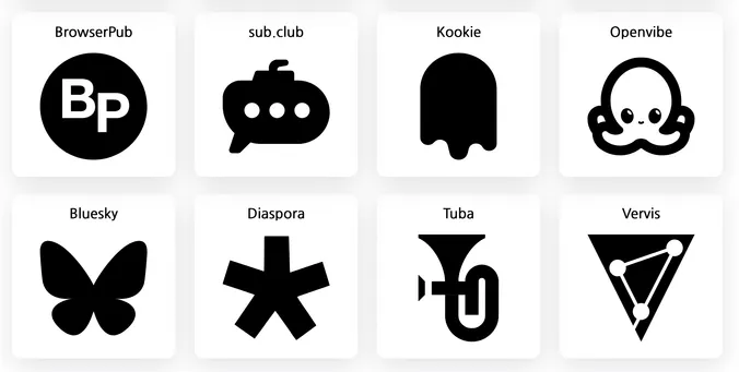 a screenshot of BrowserPub, Subclub, Kookie, Openvibe, Bluesky, Diaspora, Tuba and Vervis icons on FediverseIconography at fediverse.wake.st