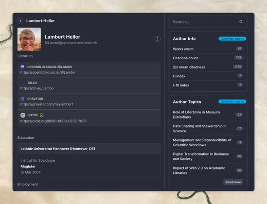 lambert heller profile on the open science network - we showcase the author info and author topics widgets, using data from the openAlex repository