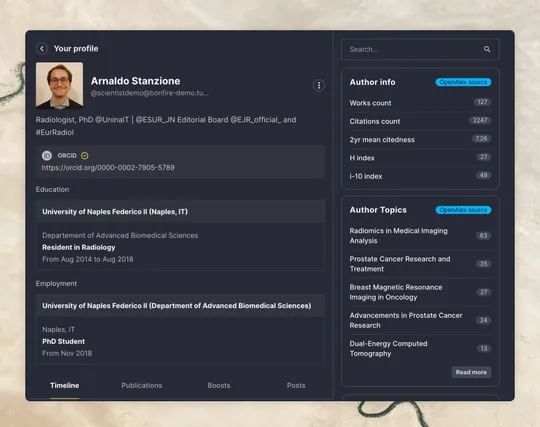 Arnaldo Stanzione profile on the open science network - we showcase the author info and author topics widgets, using data from the openAlex repository