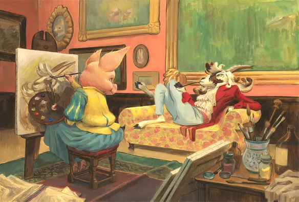 Illustration of a pig painting a portrait of a goat.