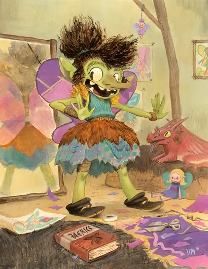 Illustration of a goblin girl with paper wings.