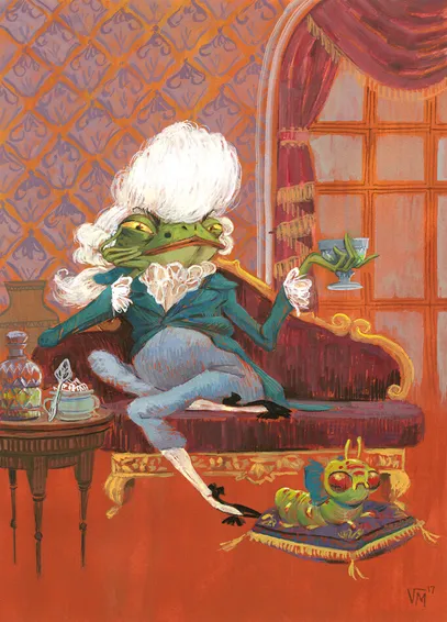 Illustration of a frog wearing a period outfit and a powdered wig.