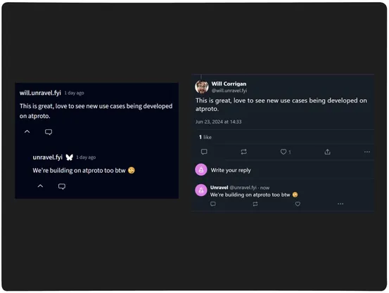 In the above example @unravel.fyi has responded from the Bluesky app, and so their reply has been marked as such!