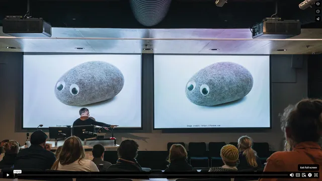 A screenshot from a video recording of keynote Machine Cult, showing audience in the background, myself behind a lectern, and 2 large pet rocks on the projection surfaces.