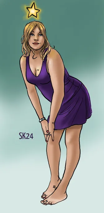 A drawing of Kate, wearing a purple dress. There is a glowing star above her head. She has blond hair and blue eyes. Her feet are bare. She is bending over with her hands on her knee