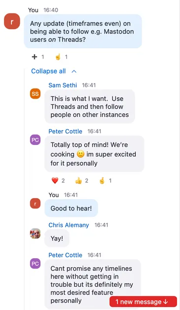 Threads' Petter Cottle on Threads users following e.g. Mastodon: "Cant promise any timelines here without getting in trouble but its definitely my most desired feature personally"