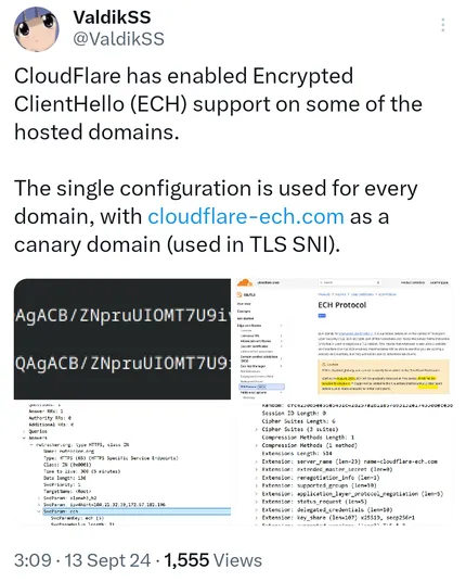 Tweet by @ValdikSS discussing Cloudflare enabling Encrypted ClientHello (ECH) support for some domains. Includes screenshots of configuration settings and information related to ECH protocol.