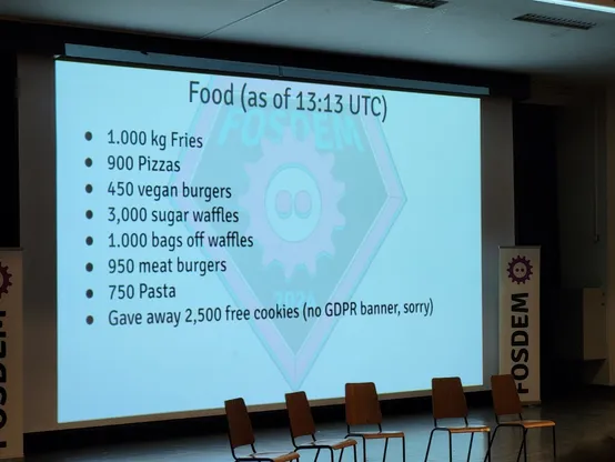 Photo of projected slide titled Food (as of 13:13 UTC), listing

* 1000kg Fries
* 900 Pizza
* 450 vegan burgers
* 3,000 sugar waffles
* 1,000 bags off [sic] waffles
* 900 meat burgers
* 750 Pasta
* Gave away 2,500 free cookies (no GDPR banner, sorry)