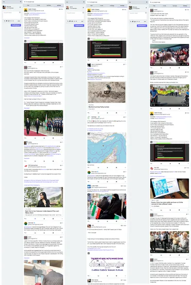 Search for posts with the word "iran" on hannover.town, social.heise.de and journa.host – left goes back 5 days, the middle 7 days the right one day..