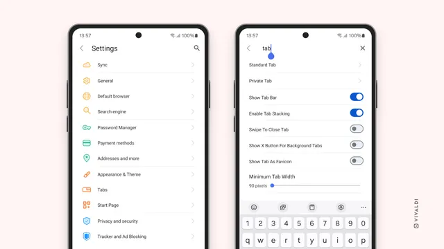 Image of Vivaldi browser 6.9 on Android showcasing the redesigned Settings menu.
