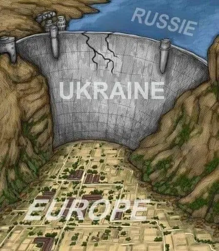 Illustration of a mass of water with the word "Russia" contained by a dam with the word "Ukraine". The dam wall is cracking. Below it, a town with the word "Europe".