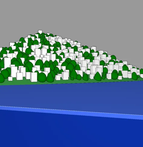 A procedurally generated town on the shore of a large body of water.  The sky is steel gray, but the town is very green from abundant blobby trees.  The buildings are simple white boxes.