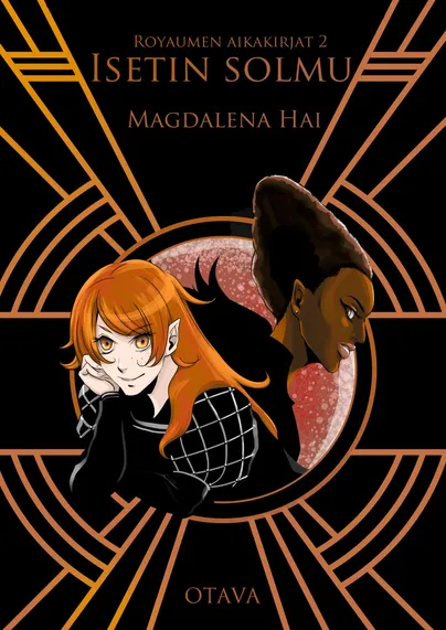 Book cover: Isetin solmu, Royaumen aikakirjat 2 (Knot of Iset, The Chronicles of Royaume 2). Two women (witches) on a copper and black background, drawn manga style.
