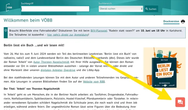 Screenshot der VÖBB Webseite mit neuem Chat-Icon.