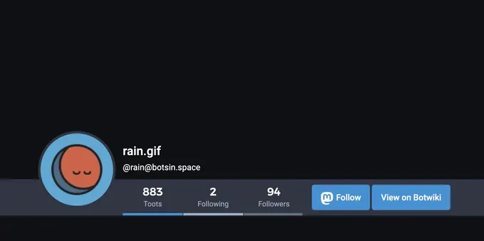 A screenshot of the @rain@botsin.space bot page with an additional View on Botwiki button.