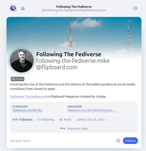 The profile of a "Following the Fediverse" Flipboard-curated as shown in a Fediverse client. Aims to present the seamless integration of Flipboard to the Fediverse.