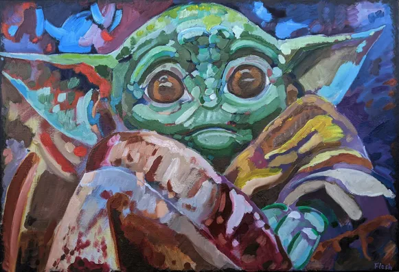 Colorful portrait of Baby Yoda or Grogu from The Mandalorian.