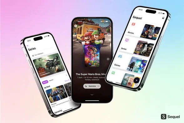 Floating iPhones showcasing key screen from the Sequel app on a multi-coloured background.