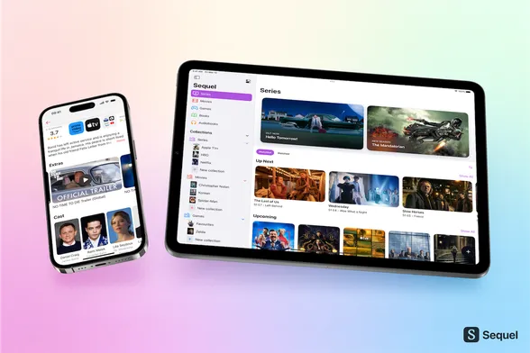 A floating iPhone and iPad showcasing the Sequel app on a multi-coloured background.