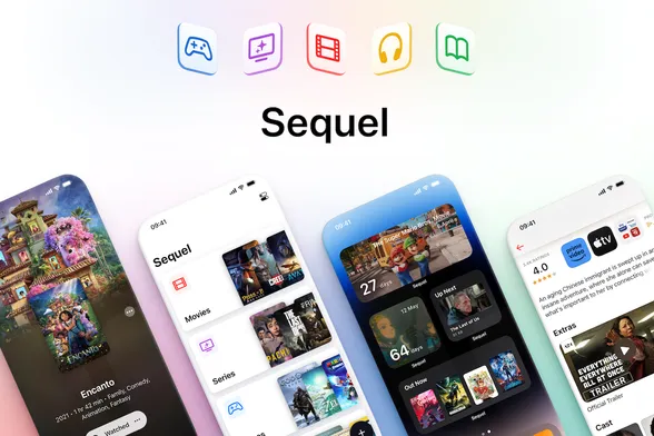 A carousel of screenshots from the Sequel app on a multi-coloured background.