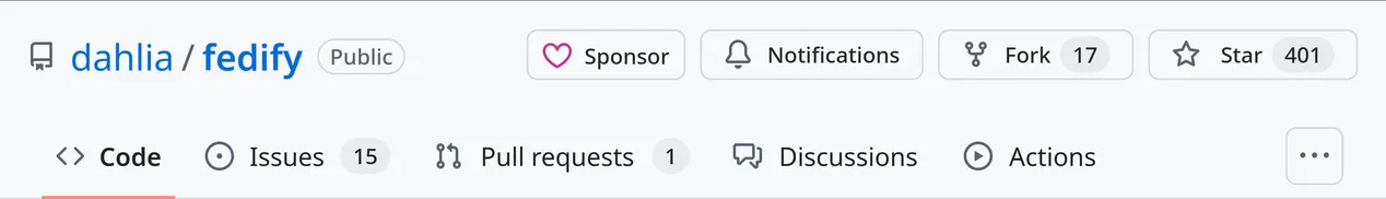The header of Fedify's GitHub repository page. It has 401 stars.