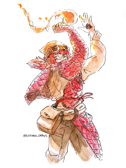 '"watercolour illustration of Jasper in his work clothes, a padded arm protection and apron, a toolbelt, goggles and scarf to protect his face, making a flame in his hands above his head'