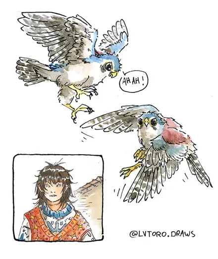 '"Watercolour illustrations of a pigmy Falcon in flight, with blue, red and white feathers and big round eyes. Nest a portrait of Toni, a boy with messy black hair, wearing a blue, red and white outfit "'