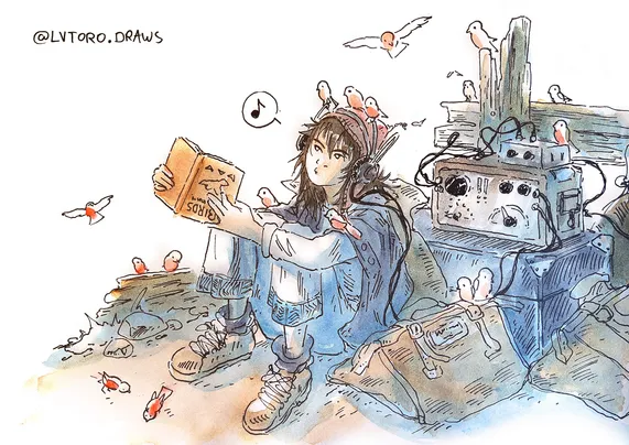 "watercolour illustration of Toni, a boy with long messy dark hair, loose white clothes, big mountain boots and a red hat, sat outside next to a pile of bags and chests on top of which there is an old analog radio, he's listening to the music with a headset connected with black wires. Many little birds are keeping him company as he studies a book about birds that he is holding upside down (he can't read)"