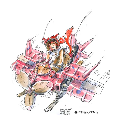 "watercolour illustration of a red haired catboy (Jasper!) riding a red little biplane with cute chunky shapes and fish stickers all over it"