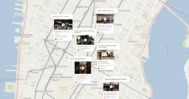 Preview of the NYC Subway Artists map created with felt.com. You can see a map showing a portion of Manhattan, overlaid with cards with YouTube video thumbnails and the video descriptions.
