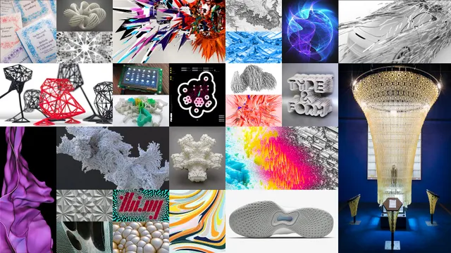 A subdivided irregular grid of thumbnail images of some notable projects I've worked on (exhibitions, renders/visualizations, workshops, tools, physical products/artifacts), all of them involving generative design approaches and made with tools I've created myself. The selection covers projects from 2007-2020...