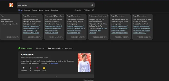 DuckDuckGo search results with a horizontal view of fediverse posts that match the search 'Joe Burrow'