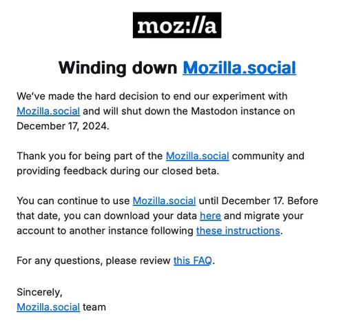 Email announcing Mozilla is shutting down mozilla.social.