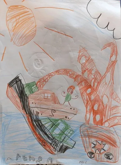 Drawing using coloured pencil. A kraken (!!) has sunk a green and black boat. But a lifeboat emerges from within, with somebody standing proudly on top. 