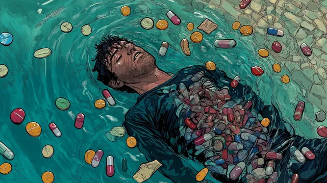 A man floating in water, surrounded by an array of colorful pills, capsules, and medication tablets. He lies on his back, eyes closed, with a distressed expression on his face. The pills are scattered all around him, and his chest is covered with a large quantity of them, giving the impression that he has consumed a significant amount. The water has a greenish-blue hue.