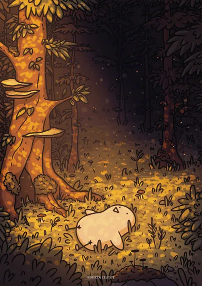 Comic illustration of a chonky bird lying in a forest.