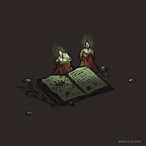 Illustration of an old looking book next to candles.
